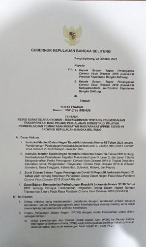 Gubernur Babel Revisi SE Nomor : 550/0732/DISHUB menjadi SE Nomor: 550/0774/DISHUB tentang PPKM Covid-19 di Babel 